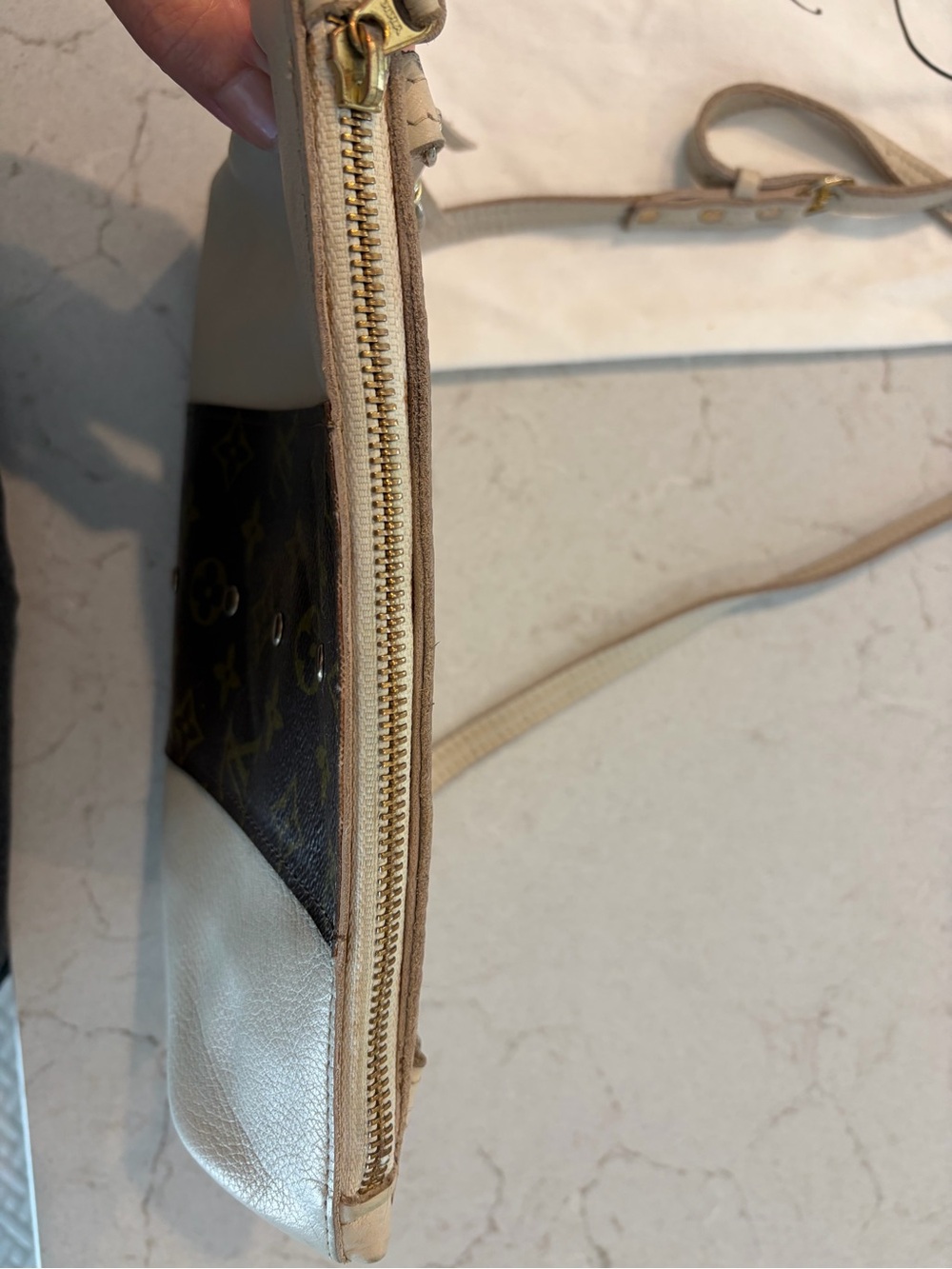 Beaudin Caroline Crossbody Cream and Brown Bag with Repurposed LV Monogram Panel - Picture 4 of 11